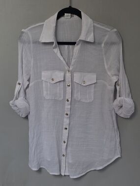 Women's White Button-Down Shirt with Roll-Tab Sleeves